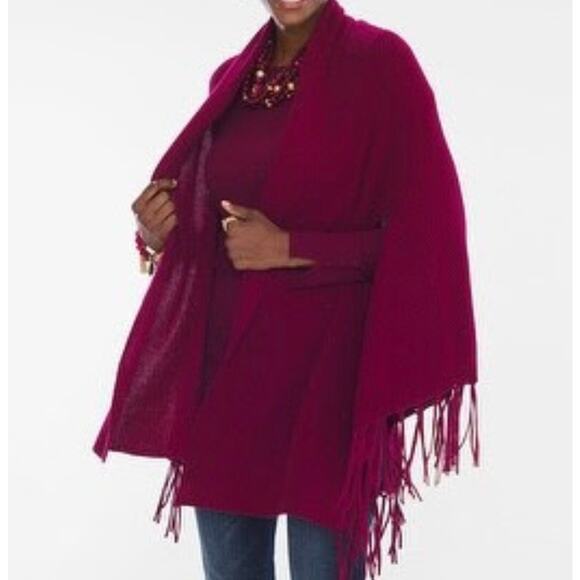 Chico’s Fringe Capelet Ruana Covering Wrap Navy Blue Knit Sz L / XL Office Boho - Picture 2 of 15